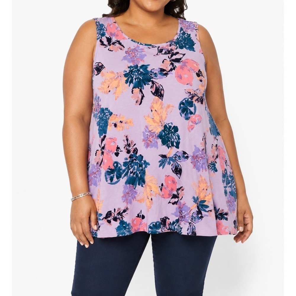 Denim & Co Lavender Floral Scoop Neck Sleeveless Tunic Tank Top Womens Size 1X